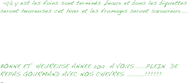  -çà y est les foins sont terminés ,beaux et bons les biquettes seront heureuses cet hiver et les fromages seront savoureux....






BONNE ET  HEUREUSE ANNEE 2012  A VOUS ......PLEIN  DE REPAS GOURMAND AVEC NOS CHEVRES ...........!!!!!!
-




